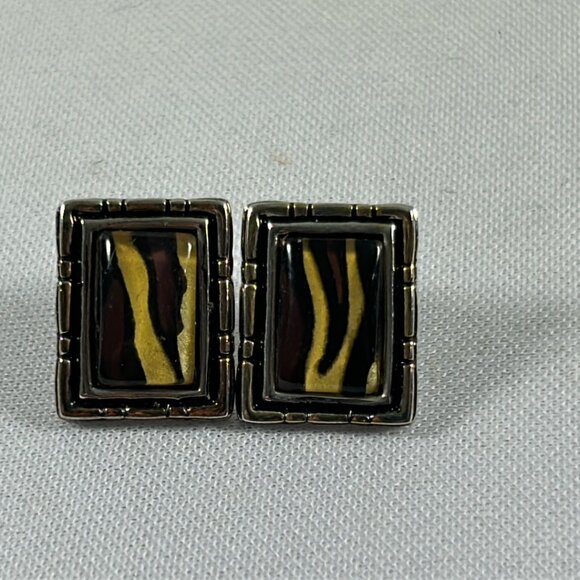 Faux Tigers Eye Silver Tone Border Rectangular Earrings .5" No Backs Classic - Picture 4 of 8